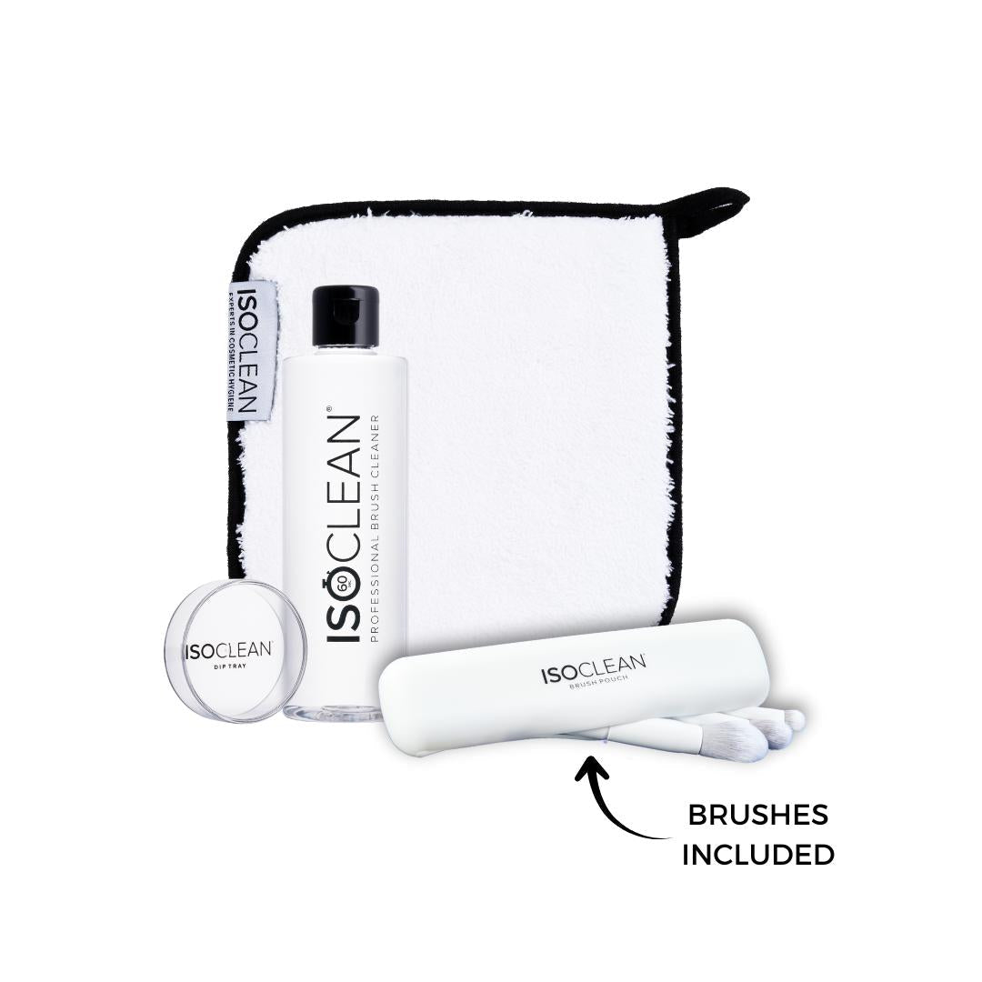 Iso x Claire's Favourites Bundle - 275ml Easypour Cleaner, Reusable Microfibre Towel, 3 - Piece Brush Set & Silicone Travel Case - Brushes Included - ISOCLEAN