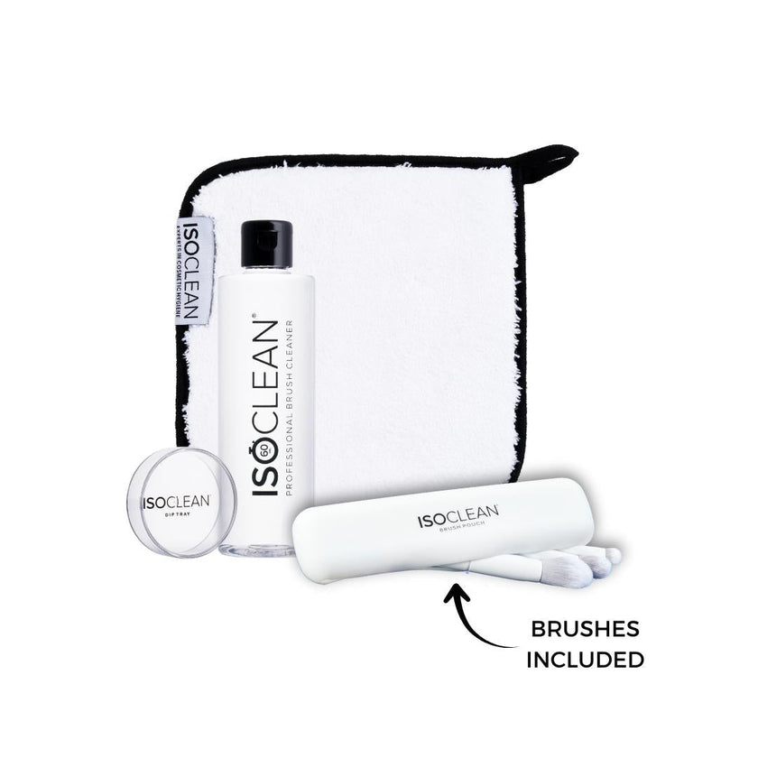 Iso x Claire's Favourites Bundle - 275ml Easypour Cleaner, Reusable Microfibre Towel, 3 - Piece Brush Set & Silicone Travel Case - Brushes Included - ISOCLEAN