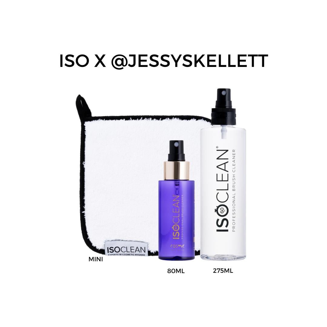 ISO x Jessey Skellett Makeup Brush Cleaning Bundle with 275ml & 80ml Sprays and Mini Towel for Spotless Tools and Glowing Skin - ISOCLEAN