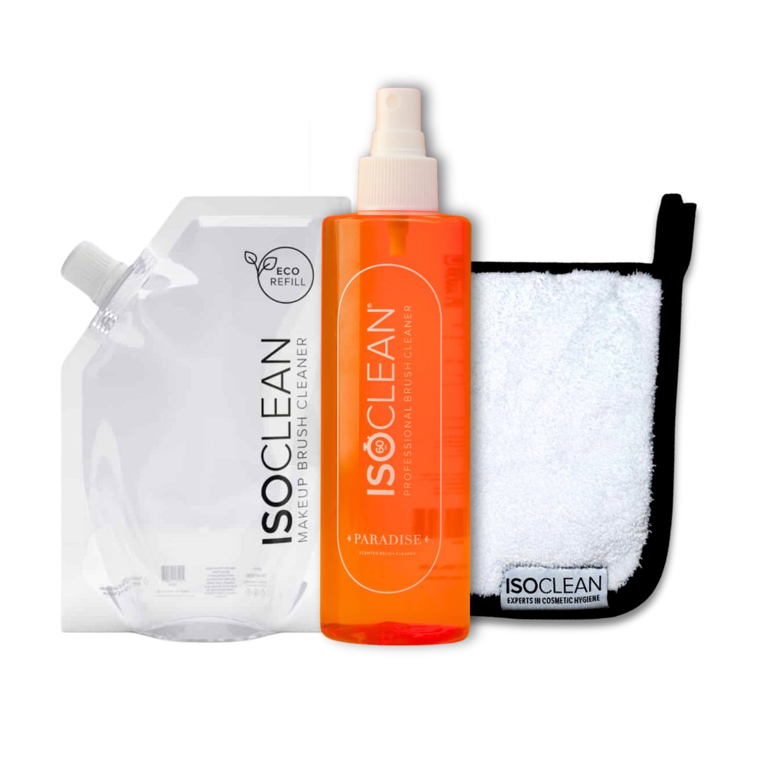 Pack Paradise Nettoyant pour pinceaux de maquillage parfumé + recharge écologique parfumée paradis + mini serviette